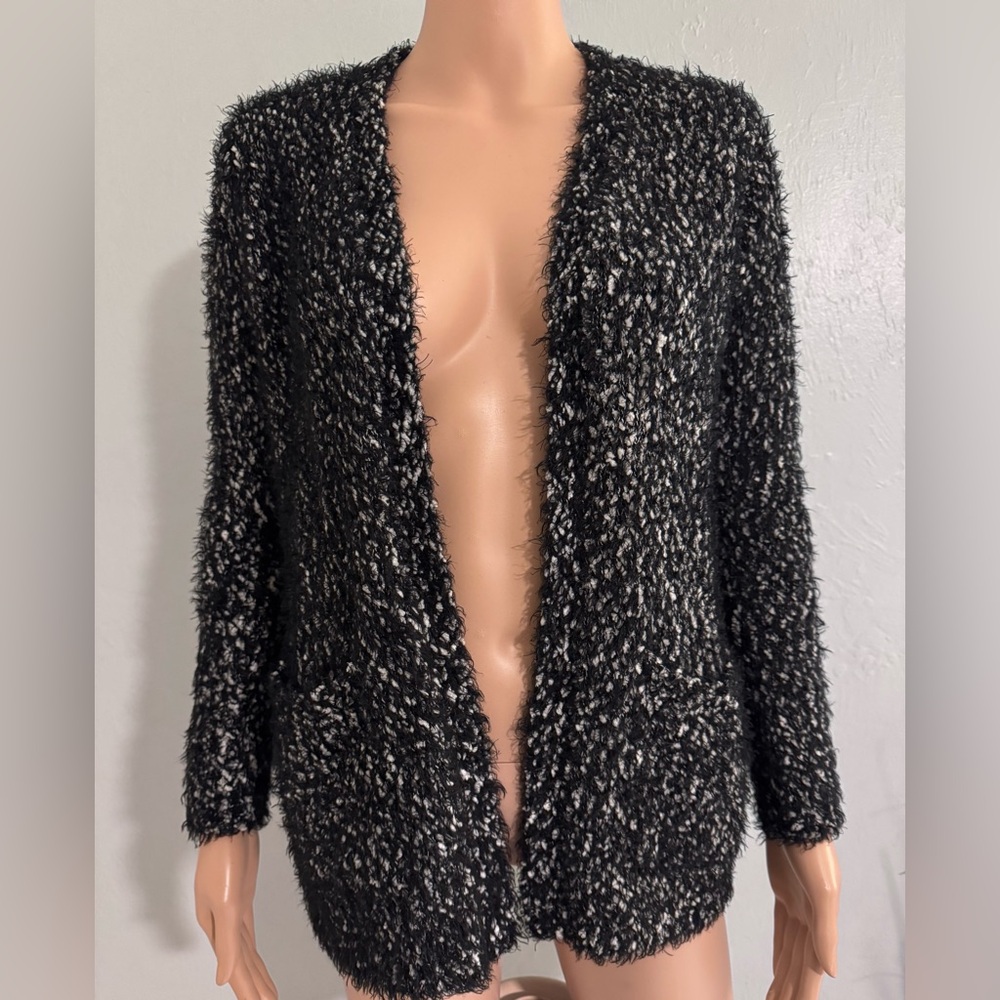 Style & Co open front black & white fuzzy cardigan PP